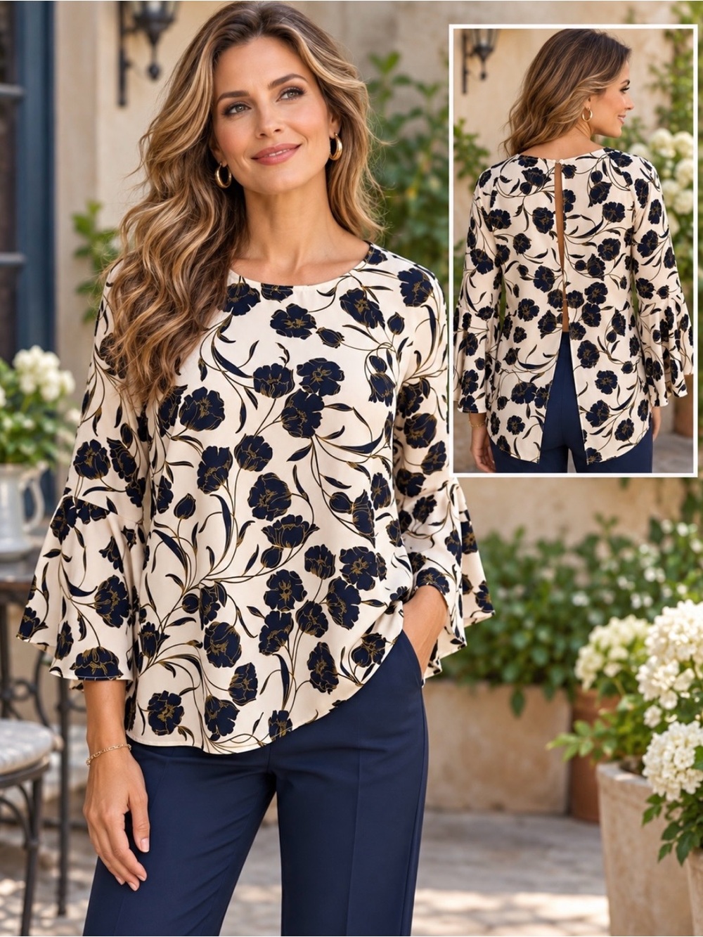 Lauren Conrad navy floral print open back top
